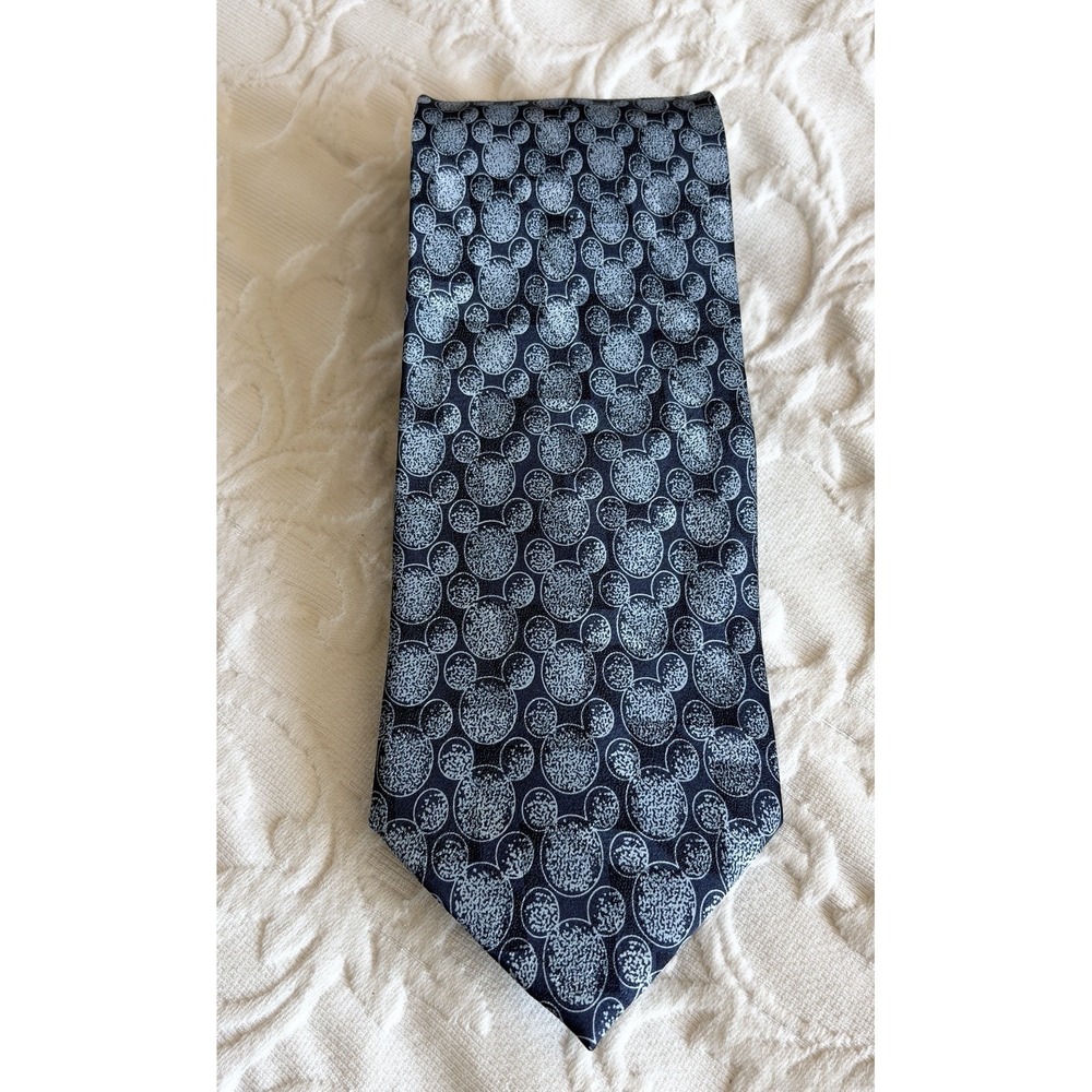Vtg Mickey & Co Disney 100% Silk Neck Tie Blueโ Black All Over Ear Print Korea